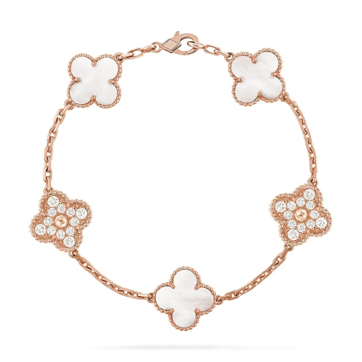 VCA CLOVER WHITE PEARL MOP 5 MOTIF BRACELET COLLECTION