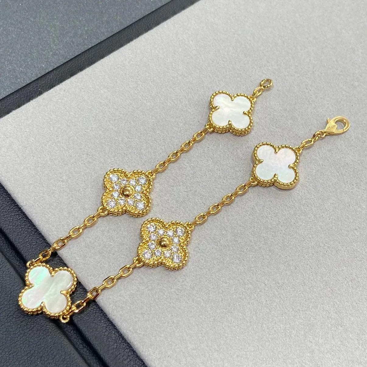 VCA CLOVER WHITE PEARL MOP 5 MOTIF BRACELET COLLECTION
