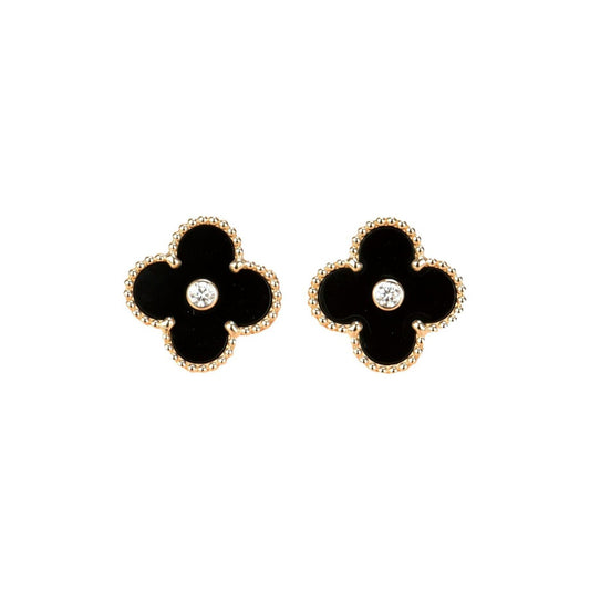 VCA CLOVER MEDIUM 1 MOTIFS ONYX DIAMOND EARRINGS