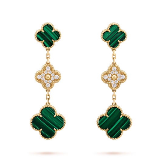 VCA CLOVER EARRINGS GOLD MALACHITE DIAMOND 3 MOTIF